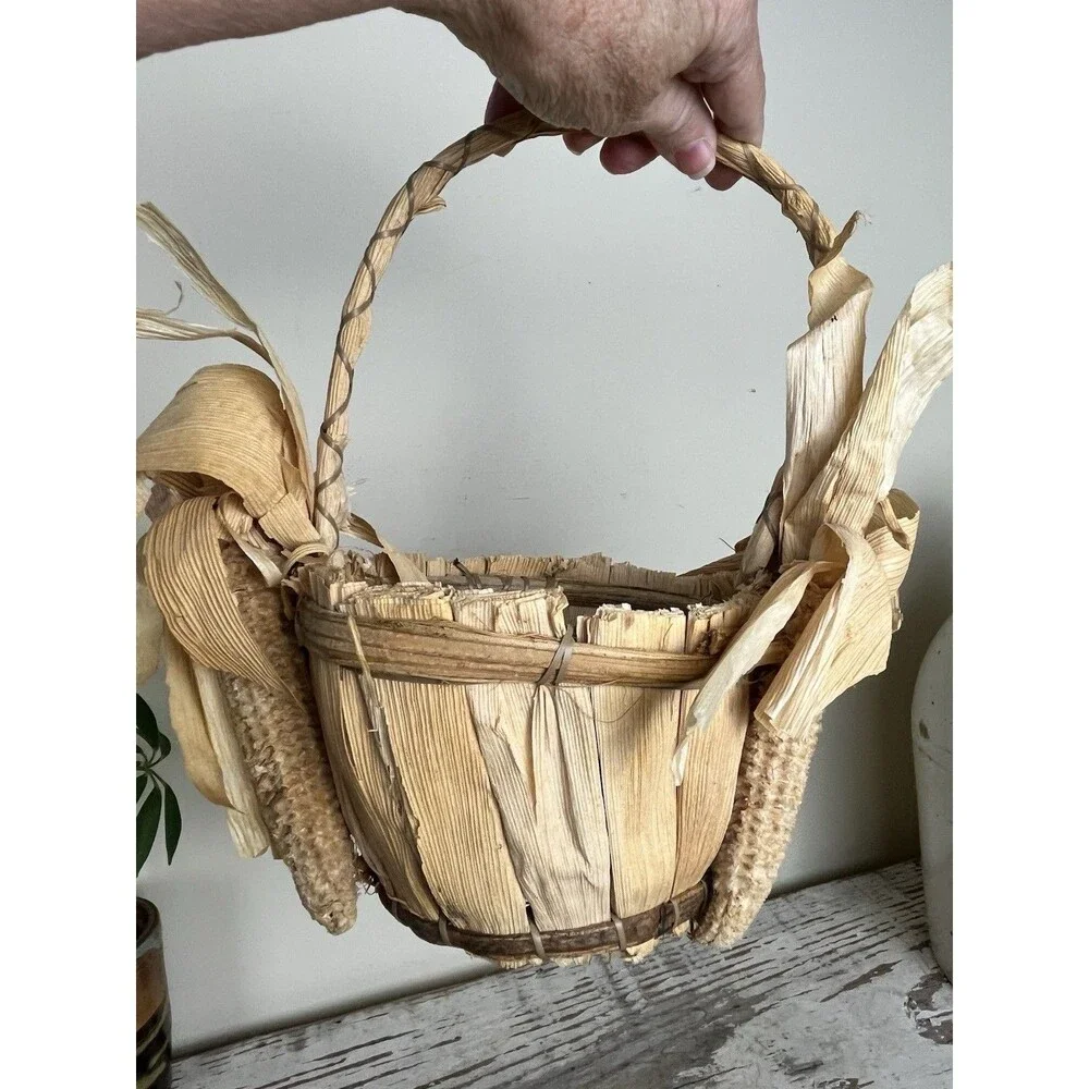 Vintage Rare Rustic Harvest Corn Husk Wicker Basket Primitive Country Decor